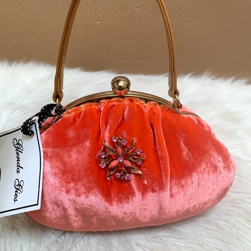 GLENDA GIES Rare Vintage Framed BABY CHLOE Bag Tangerine Velvet w/Art Deco Pin